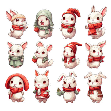 Set of cute Christmas bunnies in warm winter clothes. Vector illustrationの素材