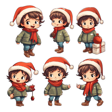 Set of children in Santa Claus hats and warm clothes. Vector illustrationの素材