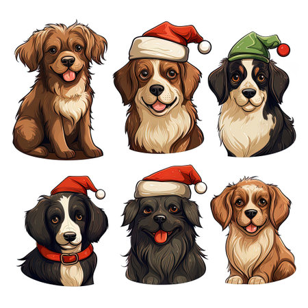 Cartoon set of different dogs in Santa Claus hats. Vector illustrationの素材