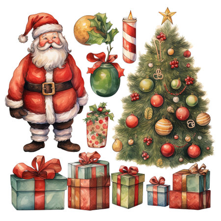 Christmas set with Santa Claus, Christmas tree, gifts and decorations.の素材