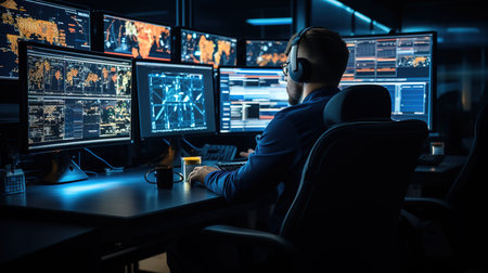 Cyber security concept. Man in headphones working with computers in dark roomの素材