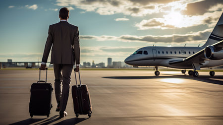 Businessman with luggage on the airport. Rear view of young businessman in suit with luggage on the airport runway.の素材