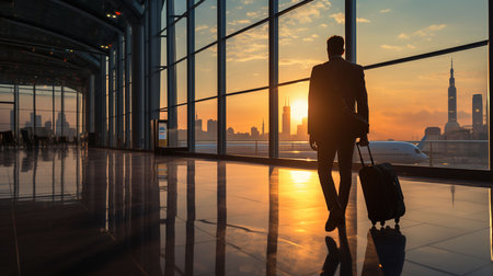 Silhouette of a businesswoman walking in the airport at sunsetの素材