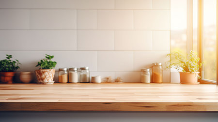 Wooden table in kitchen with white tiled wall and plants. Toned imageの素材