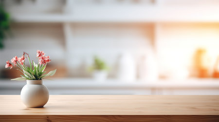 Wooden table with vase of flowers on blurred kitchen background. Mock up, 3D Renderingの素材