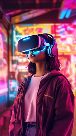 Portrait of a girl wearing virtual reality glasses in a nightclub.の素材