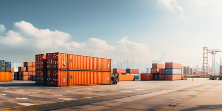 Container Cargo freight ship with working crane bridge for Logistic Import Export backgroundの素材