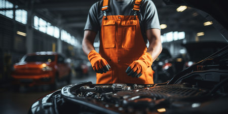 Car mechanic working in auto repair shop. Auto service industry background.の素材