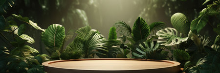 3d rendering of wood product display podium with tropical leaves background.の素材