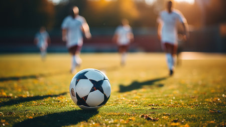 Soccer ball on the field with blurred players in the background.の素材