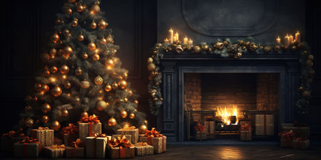 Christmas tree with presents and fireplace in dark room. 3D renderingの素材