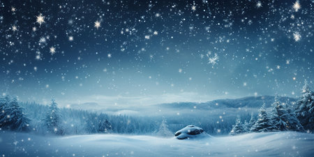 Fantastic winter landscape with snow covered trees and falling snowflakesの素材