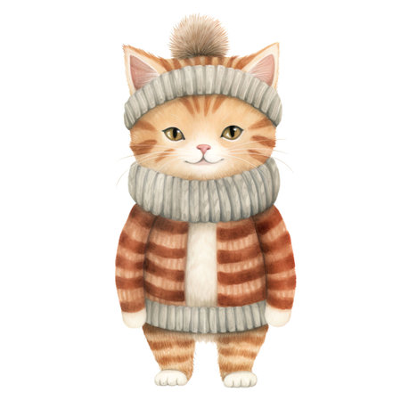 Cat in a warm hat and scarf. Watercolor illustration on white background.の素材