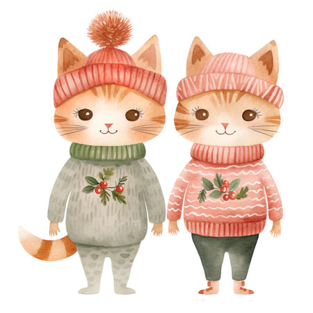 Cute cats in winter clothes. Hand drawn watercolor illustration.の素材