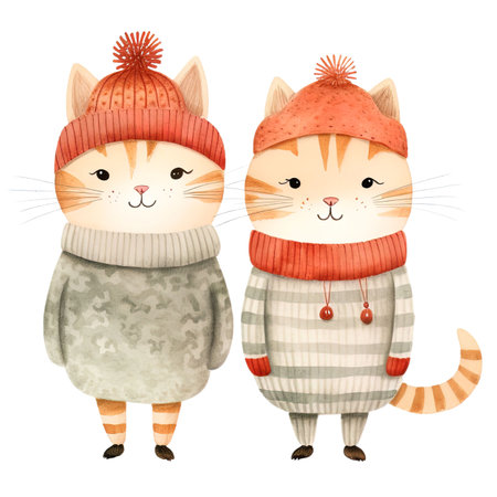 Two cute cats in winter clothes. Watercolor illustration on white background.の素材