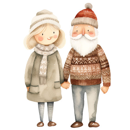Watercolor illustration of a senior couple in winter clothes isolated on white backgroundの素材