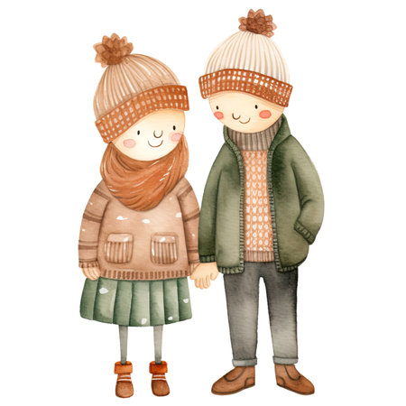 Cute boy and girl in warm clothes. Watercolor illustration.の素材