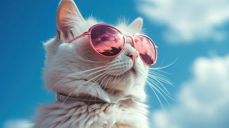 Portrait of white cat wearing pink sunglasses on blue sky background.の素材