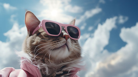 Portrait of a cat wearing pink sunglasses on the sky background.の素材