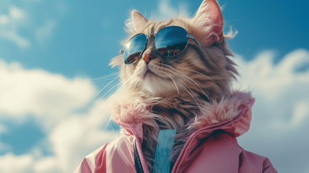 Portrait of a cat wearing sunglasses on a background of blue skyの素材
