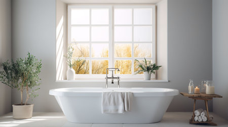 Bathroom interior with white bathtub and flowers. 3d renderの素材