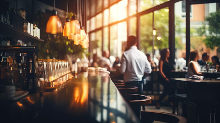 Coffee shop interior with people in the background, vintage toneの素材