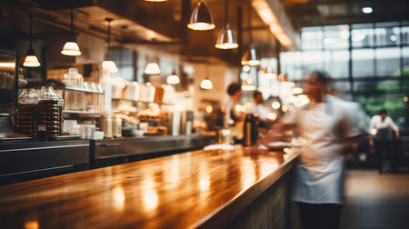 Blurred image of coffee shop with bokeh light background.の素材