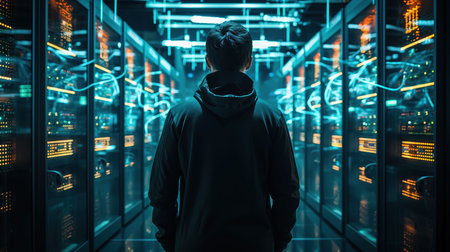 Back view of young man in hoodie standing in server room and looking at big data.の素材