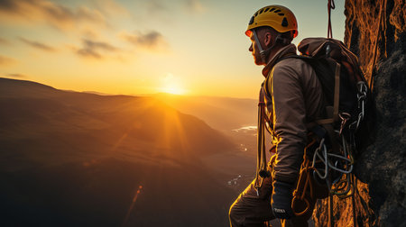 Climber at sunset in the mountains. Climbing concept.の素材