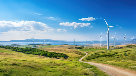 wind turbines in green field and blue sky with clouds, renewable energyの素材