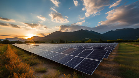 Solar panels in a field at sunset. Panoramic view.の素材
