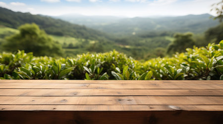 Wooden table top on green tea plantation background. Ready for product display montageの素材