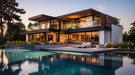 3d rendering of modern cozy house with pool and parking for sale or rent in luxurious style and beautiful landscaping on background. Clear summer evening with blue sky.の素材