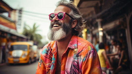Portrait of a senior tourist man wearing sunglasses and colorful shirt walking in the street.の素材