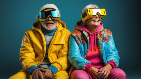 Portrait of happy senior couple in winter clothes and vr glassesの素材