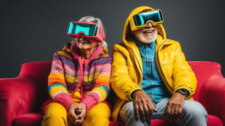 Elderly couple in warm clothes and VR glasses sitting on red sofaの素材