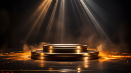 Scene with round podium illuminated by spotlight. Award ceremony concept. Stage backdrop.の素材
