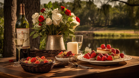 Romantic dinner on the lake. Romantic table setting with wine, roses and cakeの素材