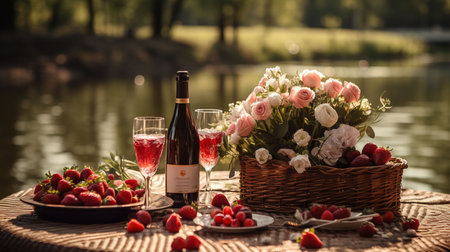 Romantic picnic on the lake in the park with a basket of strawberries and champagneの素材