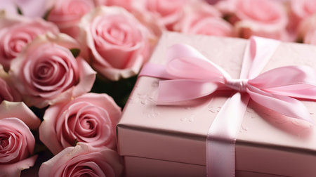 Gift box with pink roses on wooden background, close-upの素材