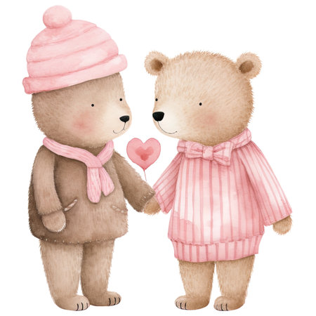 Two teddy bears in winter clothes holding a heart shaped lollipop, Cute Pink Clipart for Valentineの素材
