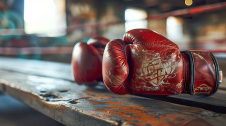 Pair of red leather boxing gloves lying on a wooden bench in a gymの素材