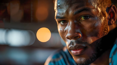 Portrait of handsome african american man looking at camera at nightの素材