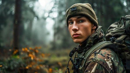 Portrait of a young soldier in a forest. Selective focus.の素材