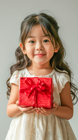 Little Asian girl holding a gift box in her hands on white backgroundの素材