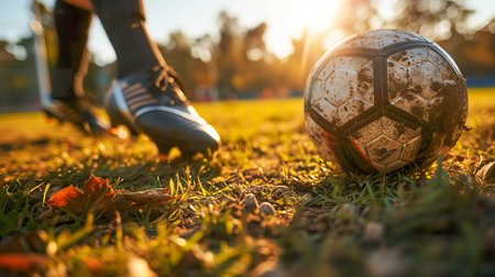 Soccer ball and legs of a football player on the field at sunsetの素材
