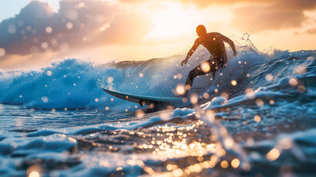Surfer on the ocean wave at sunset. Surfer on the ocean wave at sunset.の素材
