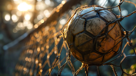 Soccer ball on the net of a football goal. Close-upの素材