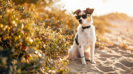 Cute mixed breed dog in sunglasses sitting on the beach at sunsetの素材