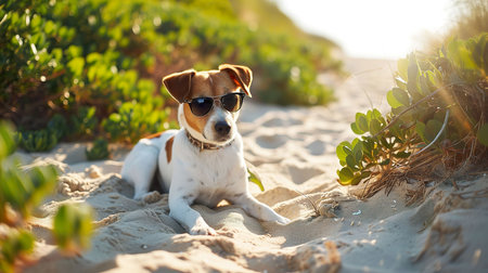 Jack russell terrier dog in sunglasses on the sand.の素材